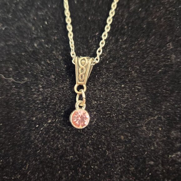 Silver Toned Necklace with Pink Crystal/ Artificial Diamond, Handcrafted - Picture 4 of 4